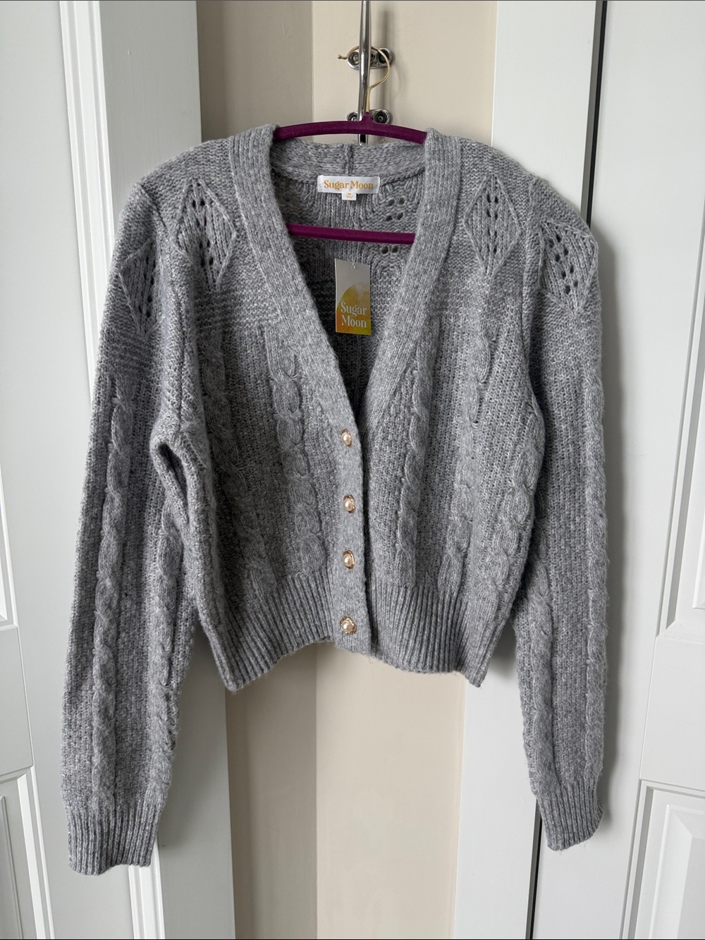 Gray Knit Cable V-Neck Cardigan Sweater